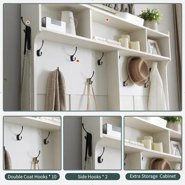 Alt view image 3 of 7 - Farmhouse Entryway Bench with Coat Rack, 20 Shoe Cubbies & 12 Coat Hooks Wide Hall Tree with Shoe Storage Bench, Mudroom Storage Cabinet (White)