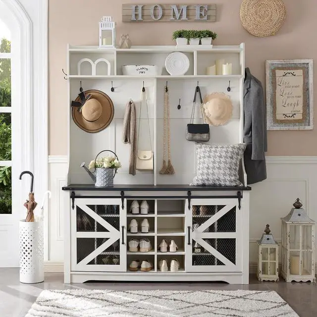 Alt view image 2 of 7 - Farmhouse Entryway Bench with Coat Rack, 20 Shoe Cubbies & 12 Coat Hooks Wide Hall Tree with Shoe Storage Bench, Mudroom Storage Cabinet (White)