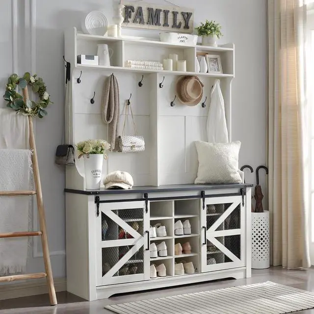 Main image of Farmhouse Entryway Bench with Coat Rack, 20 Shoe Cubbies & 12 Coat Hooks Wide Hall Tree with Shoe Storage Bench, Mudroom Storage Cabinet (White)