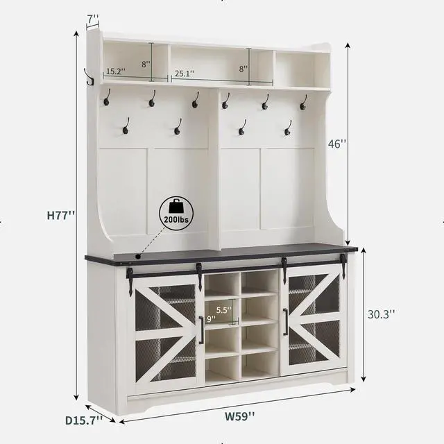 Alt view image 7 of 7 - Farmhouse Entryway Bench with Coat Rack, 20 Shoe Cubbies & 12 Coat Hooks Wide Hall Tree with Shoe Storage Bench, Mudroom Storage Cabinet (White)