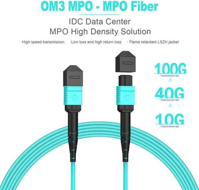 Alt view image 2 of 6 - 3ft/1m MPO to MPO Fiber Cable, 12 Cores, OM3 Multi-Mode, Type B, QSFP+ & QSFP28 Compatible, MTP Connector, GPON/EPON, Low Loss, LSZH Jacket, Aqua