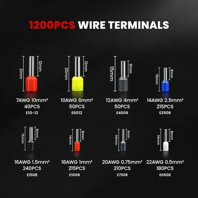 Alt view image 4 of 7 - Ferrule Crimping Tool Kit, AWG 23-7 Self-adjustable Wire Ferrule Crimper Plier Set with 1200pcs Wire Terminals Crimping Connectors Wire Ends Ferrules