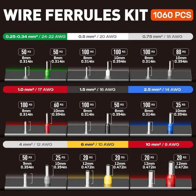 Alt view image 5 of 6 - Ferrule Crimping Tool Kit, Self-Adjusting Pliers for Wire Ferrules AWG 24-8, With 18 Sizes Insulated and Non-insulated Wire Ferrules Terminals, Square Crimp Connector Assortment Kit