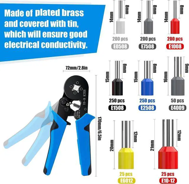 Alt view image 3 of 7 - Ferrule Crimping Tool Kit,  Wire Ferrule Kit with 1250PCS Wire End Ferrules & Crimper Plier, Self-adjustable Ratchet Tool Set for AWG 23-7 Electrical Wire Connectors, 0.25-10mm²