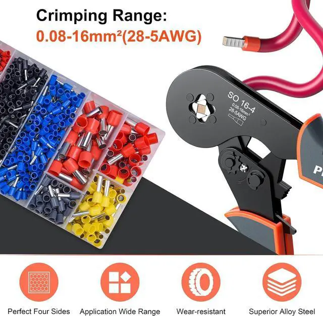 Alt view image 2 of 7 - Ferrule Crimping Tool Kit, 16-4 Square Crimping Tools, Ratchet Jaw Wire Crimping Pliers AWG 28-5 (0.08-16mm²) with 1200 Terminal Connector Sleeves