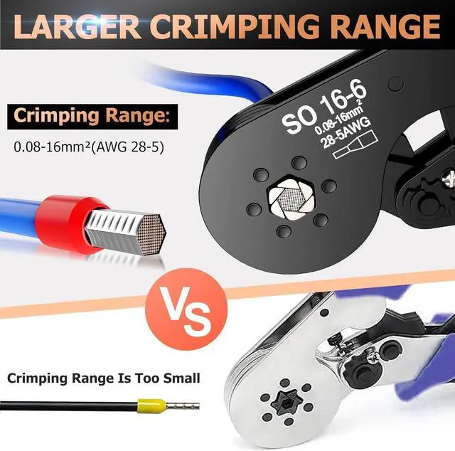 Alt view image 3 of 7 - Ferrule Crimping Tool Kit, Upgrade Double & Single Ferrules Connectors,16-6 Hexagonal Ratchet Jaw Wire Crimping Pliers AWG 28-5 (0.08-16mm²) with 1200PCS Terminal Connector Sleeves