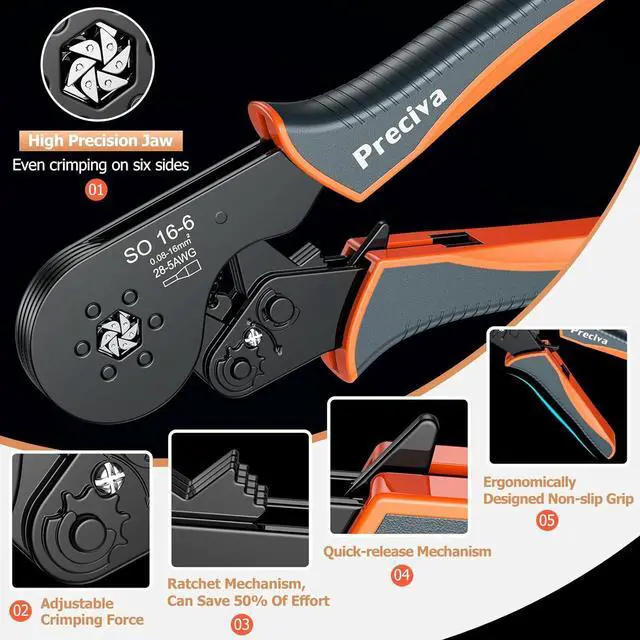 Alt view image 5 of 7 - Ferrule Crimping Tool Kit, Upgrade Double & Single Ferrules Connectors,16-6 Hexagonal Ratchet Jaw Wire Crimping Pliers AWG 28-5 (0.08-16mm²) with 1200PCS Terminal Connector Sleeves