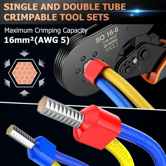 Alt view image 2 of 7 - Ferrule Crimping Tool Kit, Upgrade Double & Single Ferrules Connectors,16-6 Hexagonal Ratchet Jaw Wire Crimping Pliers AWG 28-5 (0.08-16mm²) with 1200PCS Terminal Connector Sleeves