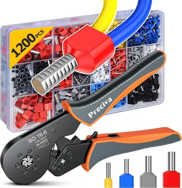 Main image of Ferrule Crimping Tool Kit, Upgrade Double & Single Ferrules Connectors,16-6 Hexagonal Ratchet Jaw Wire Crimping Pliers AWG 28-5 (0.08-16mm²) with 1200PCS Terminal Connector Sleeves