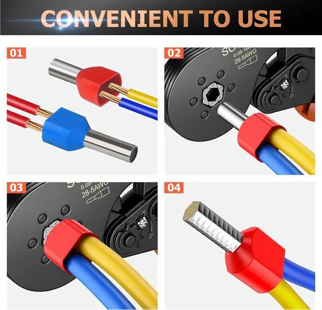 Alt view image 7 of 7 - Ferrule Crimping Tool Kit, Upgrade Double & Single Ferrules Connectors,16-6 Hexagonal Ratchet Jaw Wire Crimping Pliers AWG 28-5 (0.08-16mm²) with 1200PCS Terminal Connector Sleeves