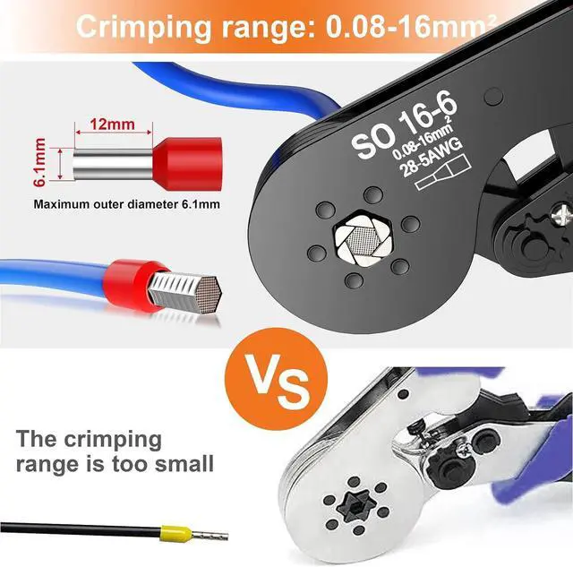 Alt view image 2 of 7 - Hexagonal Ferrule Crimper, 16-6 Hexagonal Jaw Wire Crimping Pliers AWG 28-5 (0.08-16mm²) Self-Adjustable Ratchat Wire Crimping Tools for Wire Terminals Cables End-sleeves