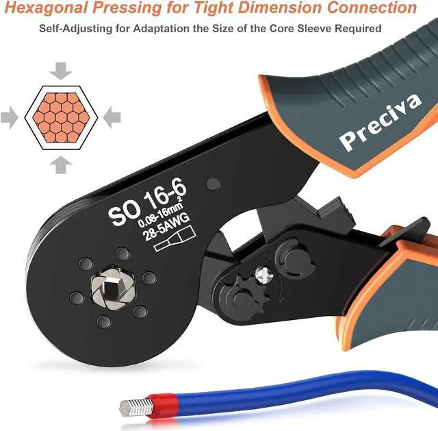 Alt view image 3 of 7 - Hexagonal Ferrule Crimper, 16-6 Hexagonal Jaw Wire Crimping Pliers AWG 28-5 (0.08-16mm²) Self-Adjustable Ratchat Wire Crimping Tools for Wire Terminals Cables End-sleeves