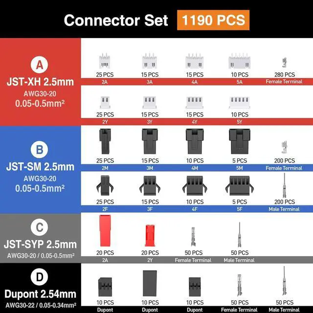Alt view image 7 of 7 - Crimp Tool Connector Kit, JST-XH/SM/SYP 2.5mm and Dupont 2.54mm Connector Set, 27 Types of Connectors, 30-20 AWG Ratcheting Crimper for JST Series,KF2510,Molex,AMP EI Series