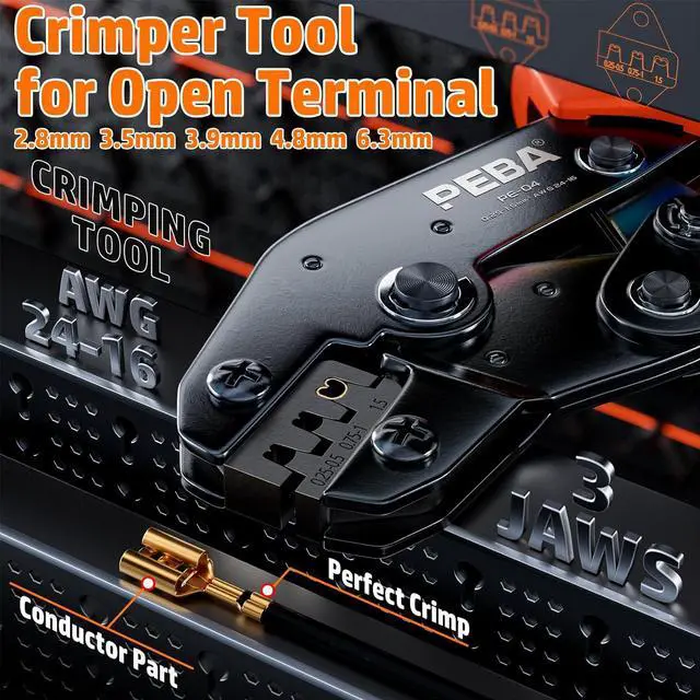 Alt view image 3 of 7 - Open Terminal Connector Crimping Tool Kit, Crimper AWG 24-14 for 0.11", 3/16", 1/4" Male Female Non-Insulated Quick Splice Wire Spade Connector Crimp Terminal - Quick Disconnect Terminal