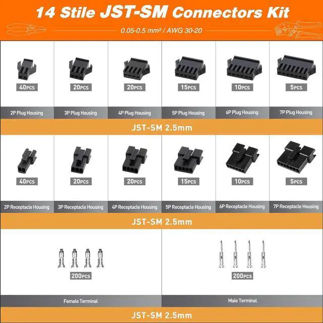 Alt view image 2 of 7 - Crimping Tool Connector kit, 14 Types JST-SM 2.5mm Connectors Set, Crimper Pliers, AWG30-20/0.05-0.5mm² Ratcheting Crimper Tool for JST(XH/SM/PH/SYP), Dupont,Molex, AMP EI Series, VH3.96mm,KF2510