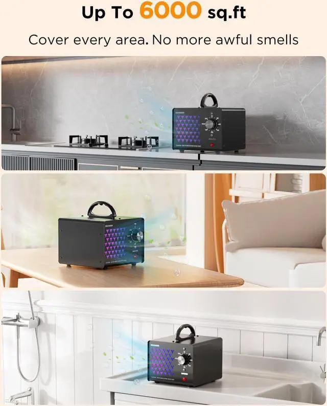 Alt view image 3 of 7 - Ozone Generator Odor Eliminator 36000mg/h, High Capacity Ozone Machine Odor Removal Up to 6000 Sq.Ft, Ionizer Ozonator for Smoke, Car, Basement And Pet Room, Black