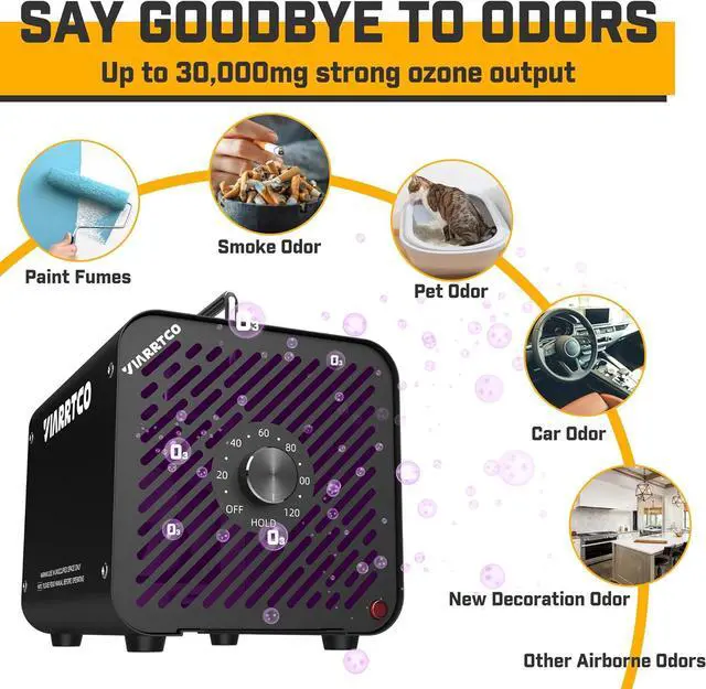 Alt view image 2 of 7 - Ozone Machine Generator 30000mg/h - 6000+ Sq. Ft. Ozone Machine Odor Removal for Home and Car with 120min timer All Metallic Black
