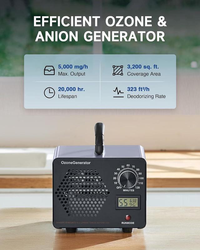 Alt view image 4 of 7 - Ozone Generator, 5000 mg/h High Capacity Ozone Machine for Car Home Smoke Pet Odor Removal, Commercial Ozone Odor Eliminator Air Purifier with Timer Display for 3200 sq ft Room, Black