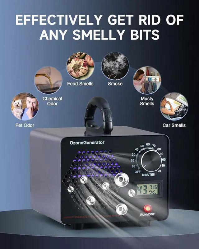 Alt view image 2 of 7 - Ozone Generator, 25000 mg/h High Capacity Ozone Machine for Car Home Smoke Pet Odor Removal, Commercial Ozone Odor Eliminator Air Purifier with Timer Display for 3200 sq ft Room, Black