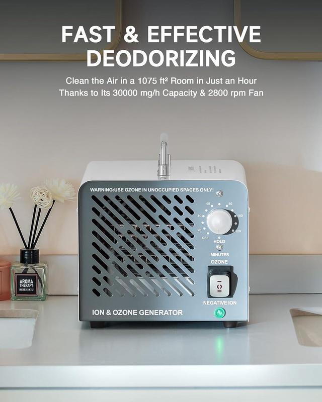 Alt view image 3 of 7 - Ozone Negative Ion Generator, 30000 mg/h 2-in-1 Odor Eliminator Air Purifier for Car Home Smoke Pet Odor Removal, Commercial Ozone Machine Ionizer with Timer for 3200 sq ft Room