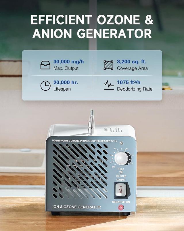 Alt view image 4 of 7 - Ozone Negative Ion Generator, 30000 mg/h 2-in-1 Odor Eliminator Air Purifier for Car Home Smoke Pet Odor Removal, Commercial Ozone Machine Ionizer with Timer for 3200 sq ft Room