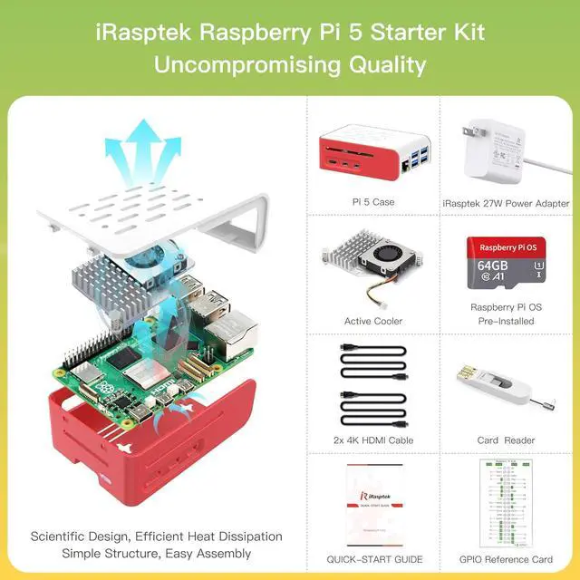Alt view image 3 of 7 - Starter Kit for Raspberry Pi 5 RAM 4GB- Pre-Loaded with 64GB Edition Raspberry Pi OS(Red&White Case)