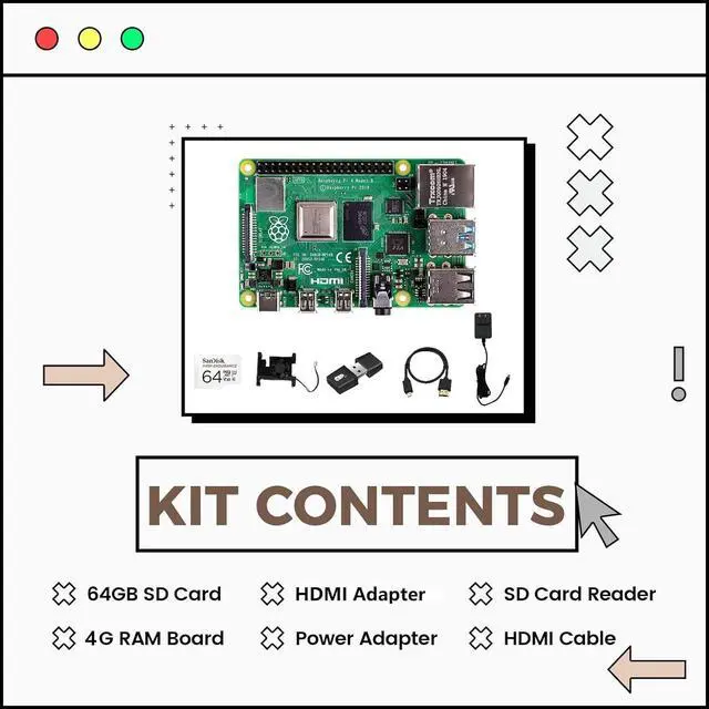 Alt view image 3 of 7 - Raspberry Pi 4 Model B 4GB Kit, Micro computer board, Raspberry Development Board 64-bit 1.5GHz Quad-core Processor with 64GB SD Card, Card Reader, Heat Sink, Power Adapter, HDMI Cable