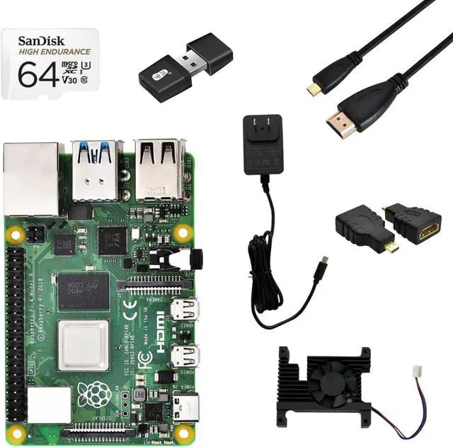 Main image of Raspberry Pi 4 Model B 4GB Kit, Micro computer board, Raspberry Development Board 64-bit 1.5GHz Quad-core Processor with 64GB SD Card, Card Reader, Heat Sink, Power Adapter, HDMI Cable