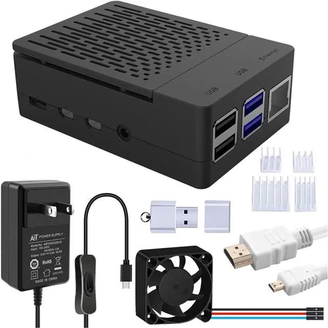 Main image of Case with PWM Fan for Raspberry Pi 4, 18W 5V 3.6A USB-C Power Supply for Raspberry Pi 4, Heatsinks, USB Card Reader, Micro HDMI Cable, Micro HDMI to HDMI Adapter for Raspberry Pi 4 8GB/4GB/2GB