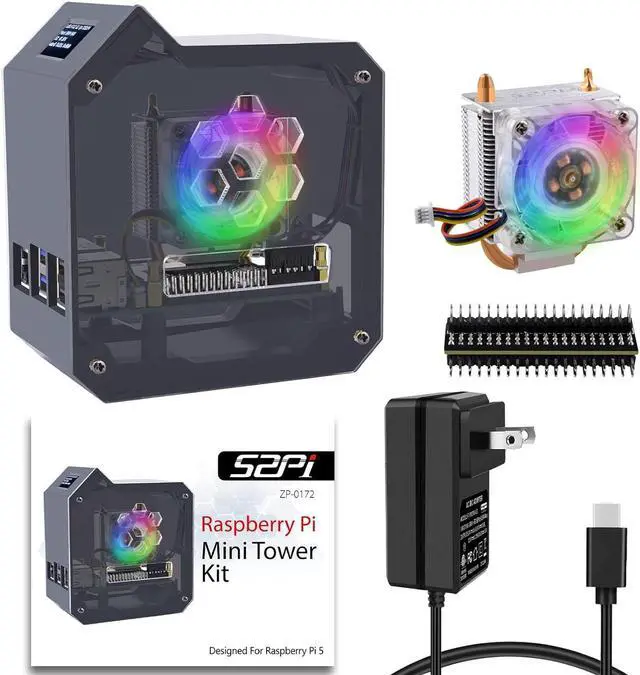 Main image of Mini Tower Kit with 27W Power Supply for Raspberry Pi 5, Pi 5 Case with ICE Tower Cooler, 0.96'' OLED Module, RGB Fan, Heatsink, GPIO Expansion Board for Raspberry Pi 5 8GB 4GB