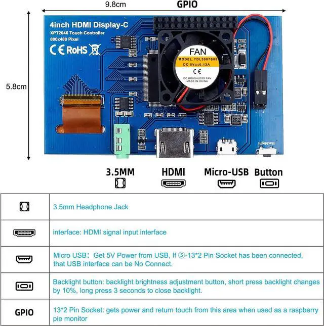 Alt view image 5 of 7 - Raspberry Pi 4 Touchscreen with Case Fan, 4 inch IPS Touch Screen LCD Display, 800x480 HDMI Monitor for RPI 4b 8gb/4gb/2gb with Touch Pen (Support Raspbian/Kali/Octopi/Ubuntu)- No Raspberry Pi