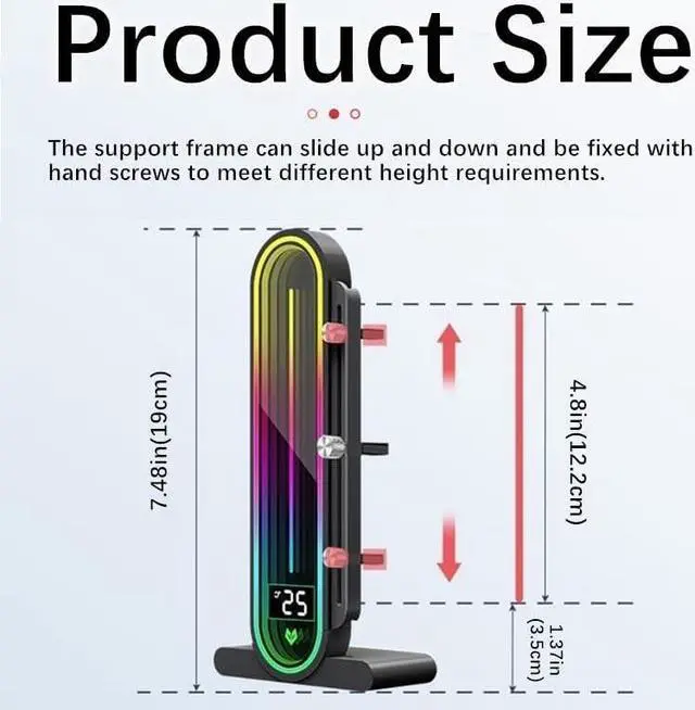 Alt view image 2 of 7 - Graphics Card Support Bracket, Height Adjustable RGB GPU Stand with Temperature Display, 5V 3PIN Video Card Support Holder, Anti Sag Bracket & Magnetic Base for PC Graphics Cards - Black