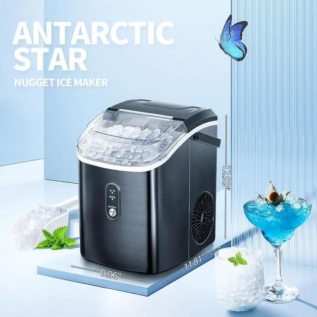 Alt view image 4 of 7 - Nugget Countertop Ice Maker with Soft Chewable Ice, 34Lbs/24H, Pebble Portable Ice Machine with Ice Scoop, Self-Cleaning, One-Click Operation, for Kitchen,Office Stainless Steel Black