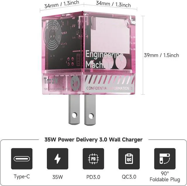 Alt view image 2 of 7 - 35W USB-C Fast Power Adapter - Infinity Stones GaN Charger Plug Block Charging Box Brick, Wall Charger for iPhone 15/15 Plus/15 Pro/15 Pro Max, 14/13/12 Series, Galaxy, Pixel 4/3, iPad (Pink)