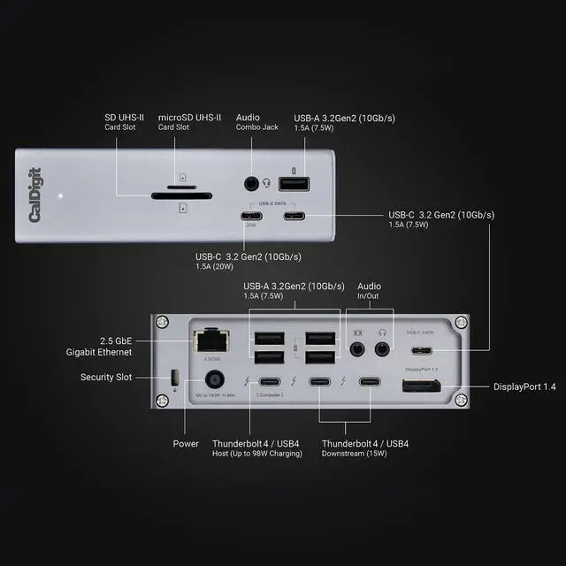 Alt view image 2 of 7 - CalDigit TS4 Thunderbolt 4 Dock - 18 Ports, 98W Charging, 40Gb/s Thunderbolt 4, USB-A/C, 2.5GbE, 8K/6K Displays, Mac/PC/Chrome Compatible