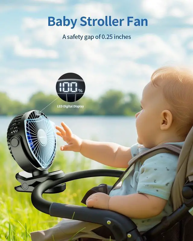 Alt view image 2 of 7 - Portable Clip on Fan - Battery Operated Stroller Fan, 4000mAh Small Rechargeable Fan with LED Display, 4 Speeds, Mini Personal Cooling Desk Fan for Golf Cart Travel Camping Gym (Black)