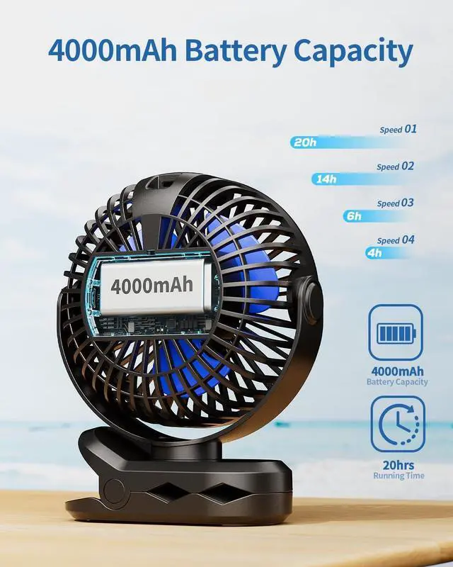 Alt view image 3 of 7 - Portable Clip on Fan - Battery Operated Stroller Fan, 4000mAh Small Rechargeable Fan with LED Display, 4 Speeds, Mini Personal Cooling Desk Fan for Golf Cart Travel Camping Gym (Black)