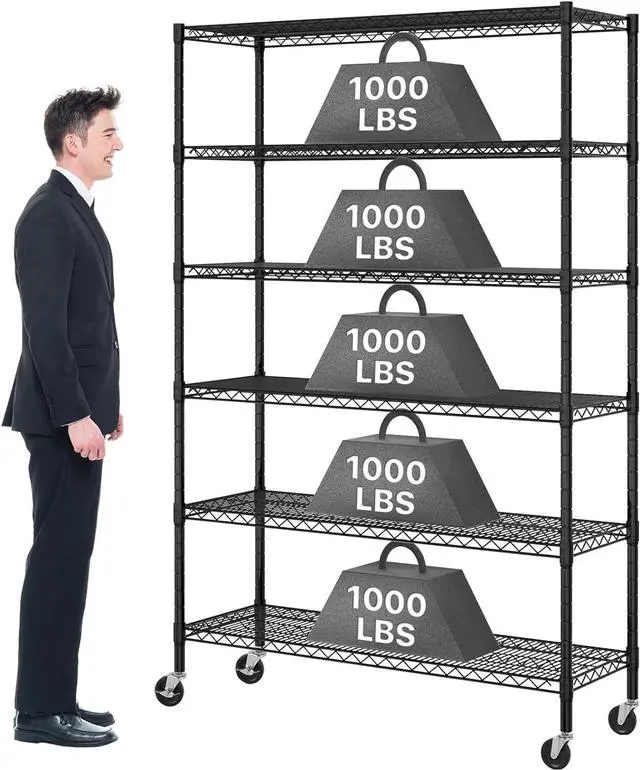 Main image of Metal Shelves Garage Shelving Wire Shelving Unit with Wheels, 6000lbs Weight Capacity Heavy Duty NSF Height Adjustable Storage Shelves 6 Tier Steel Commercial Grade Wire Rack, Black