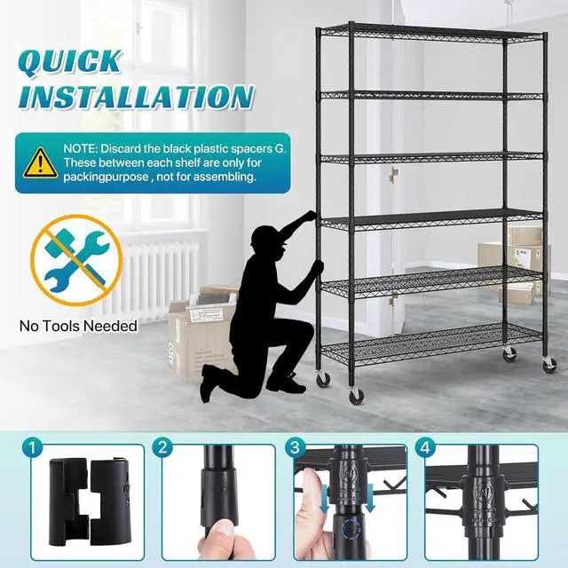 Alt view image 4 of 7 - Metal Shelves Garage Shelving Wire Shelving Unit with Wheels, 6000lbs Weight Capacity Heavy Duty NSF Height Adjustable Storage Shelves 6 Tier Steel Commercial Grade Wire Rack, Black