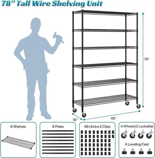 Alt view image 2 of 7 - Metal Shelves Garage Shelving Wire Shelving Unit with Wheels, 6000lbs Weight Capacity Heavy Duty NSF Height Adjustable Storage Shelves 6 Tier Steel Commercial Grade Wire Rack, Black