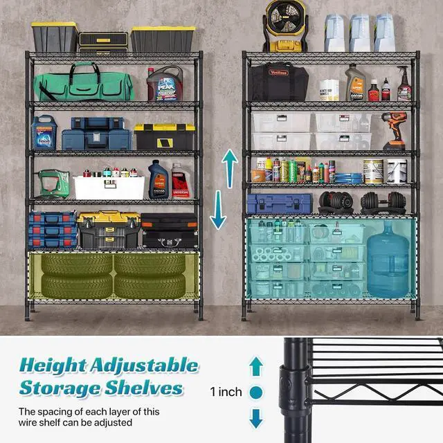 Alt view image 5 of 7 - Metal Shelves Garage Shelving Wire Shelving Unit with Wheels, 6000lbs Weight Capacity Heavy Duty NSF Height Adjustable Storage Shelves 6 Tier Steel Commercial Grade Wire Rack, Black