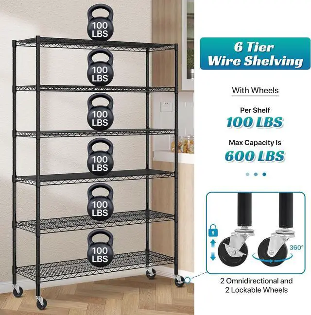 Alt view image 3 of 7 - Metal Shelves Garage Shelving Wire Shelving Unit with Wheels, 6000lbs Weight Capacity Heavy Duty NSF Height Adjustable Storage Shelves 6 Tier Steel Commercial Grade Wire Rack, Black