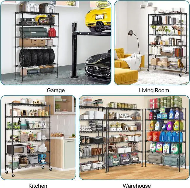 Alt view image 7 of 7 - Metal Shelves Garage Shelving Wire Shelving Unit with Wheels, 6000lbs Weight Capacity Heavy Duty NSF Height Adjustable Storage Shelves 6 Tier Steel Commercial Grade Wire Rack, Black