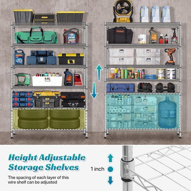 Alt view image 4 of 7 - 6 Tier Storage Shelves Metal Wire Shelving Unit with Wheels, 6000LBS Weight Capacity Heavy Duty NSF Height Adjustable Garage Shelving Utility Steel Commercial Grade Shelving Rack for Garage Kitchen