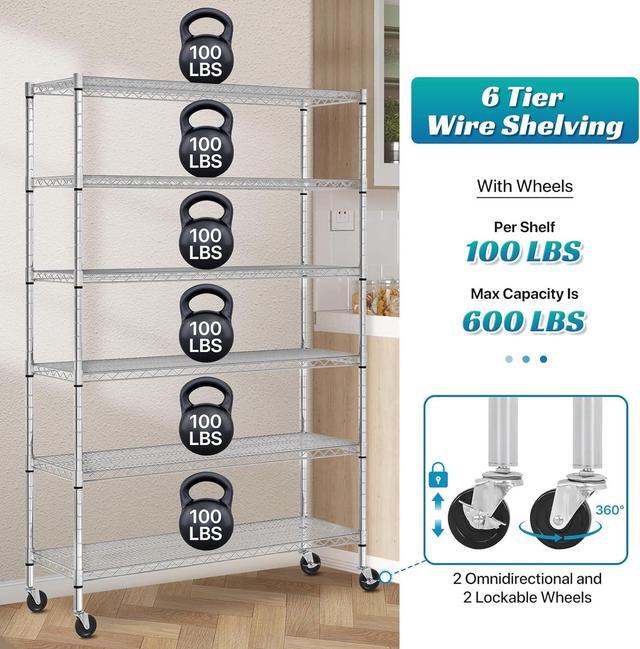Alt view image 6 of 7 - 6 Tier Storage Shelves Metal Wire Shelving Unit with Wheels, 6000LBS Weight Capacity Heavy Duty NSF Height Adjustable Garage Shelving Utility Steel Commercial Grade Shelving Rack for Garage Kitchen
