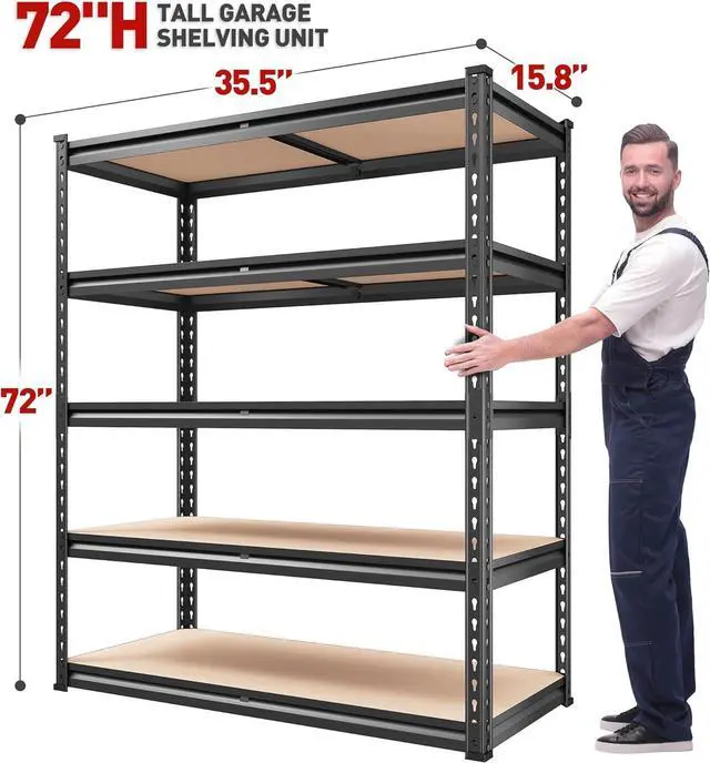 Alt view image 3 of 7 - 2000LBS Garage Shelving 72''H Storage Shelves Heavy Duty Shelving 5 Tier Metal Shelves for Garage Shelves 35.5"W x72"H x 15.8"D, Adjustable Shelving Unit for Basement Pantry Utility Rack Shelf