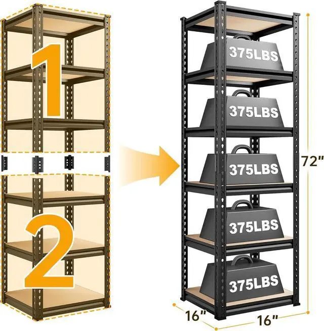 Alt view image 2 of 7 - Storage Shelves, 6 Tier Garage Storage Shelving Units Loads 2250LBS, 72H Adjustable Heavy Duty Metal Shelves for Storage Rack for Warehouse Pantry Kitchen Closet,16W X16D X72H