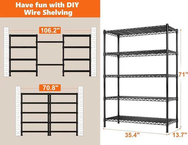 Alt view image 3 of 7 - 5-Shelf Wire Shelving,Storage Shelves Metal Shelves for Storage,71H Adjustable Garage Shelving Heavy Duty Storage Rack Pantry Shelf Kitchen Shelving,71H X35.4W X13.7D