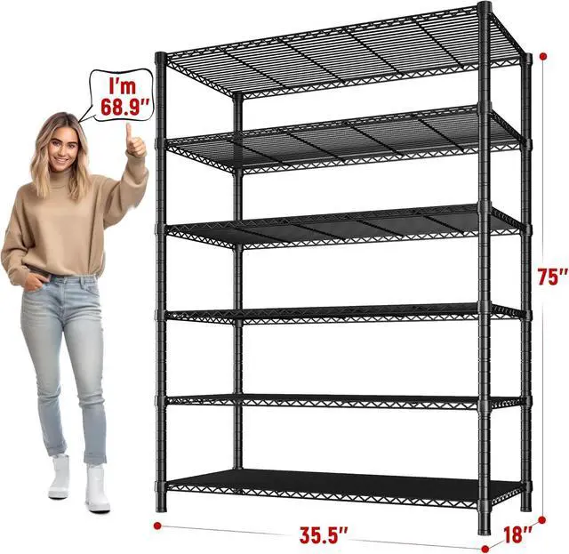 Alt view image 2 of 7 - 6 Tier Wire Shelving,1800LBS Storage Shelves Metal Shelves for Storage Rack,75''H Adjustable Garage Shelving Heavy Duty Shelving Units Pantry Shelf Kitchen Shelving,75''HX35.5''WX18''D