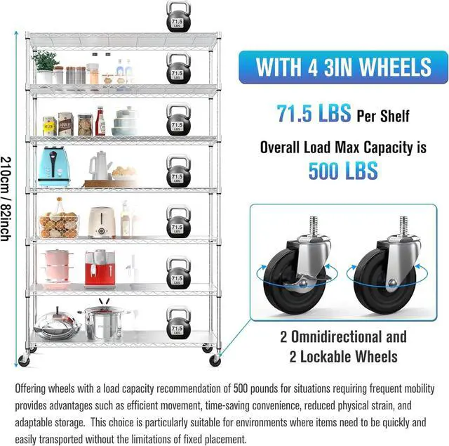 Alt view image 2 of 7 - Chrome NSF 7 Tier Metal Shelf Wire Shelving Unit, 2450lbs Heavy Duty Adjustable Storage Rack with Wheels & Shelf Liners for Closet Kitchen Garage Basement Commercial Shelving - 82" H x 48" L x 18" D